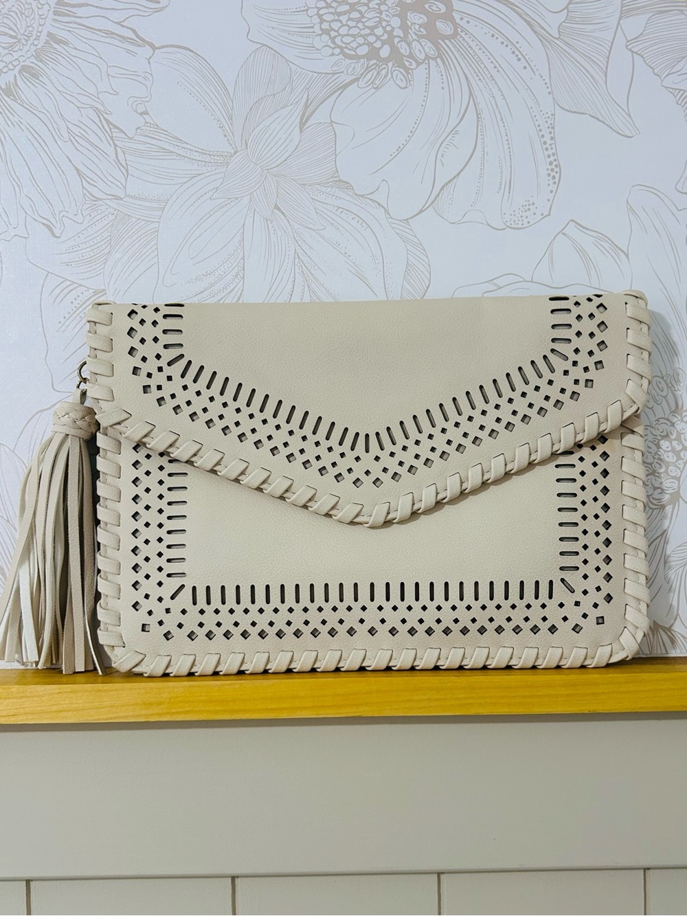 Beige Laser-Cut Envelope Clutch with Tassel